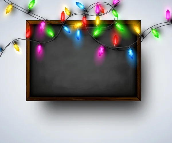Background with blackboard and Christmas garland. — Stock vektor
