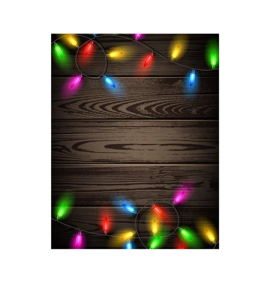 Tarjeta de madera con luces de Navidad . — Vector de stock