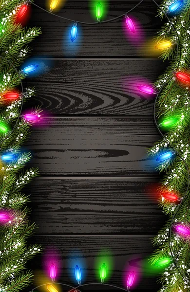Ξύλινο υπόβαθρο με Χριστουγεννιάτικα φώτα. — Διανυσματικό Αρχείο