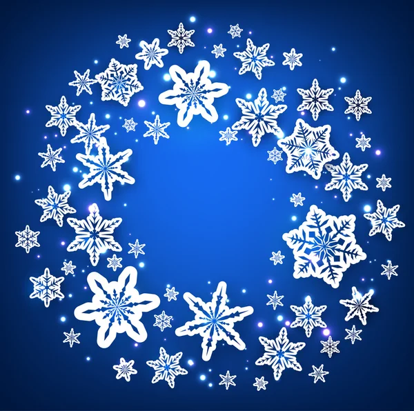 Fondo azul invierno con copos de nieve. — Vector de stock