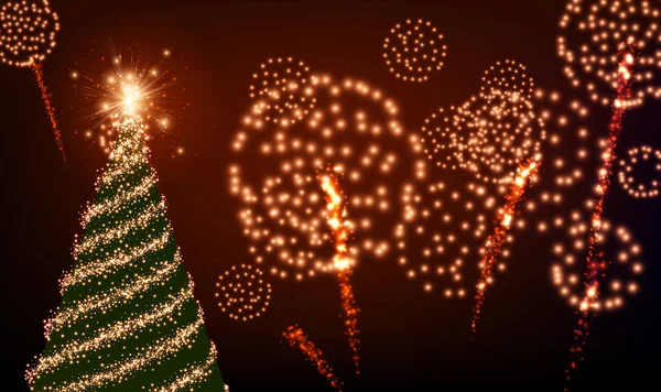 Hintergrund mit Weihnachtsbaum und Feuerwerk. — Stockvektor
