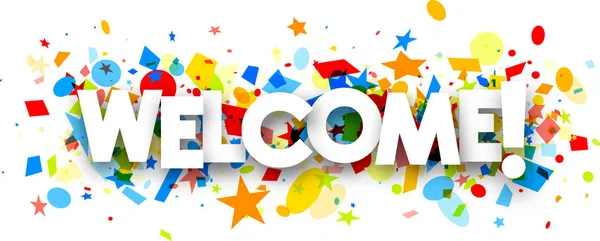 Banner de bienvenida con confeti colorido — Vector de stock