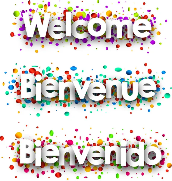 Bannière en papier de bienvenue avec confettis . — Image vectorielle