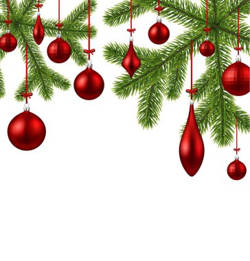 Beyaz arka plan kırmızı Noel topları ile