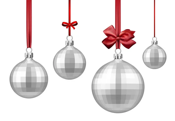 Bolas de Natal de prata com arco vermelho — Vetor de Stock