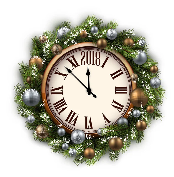 New Year clock and Christmas wreath — Stock Vector