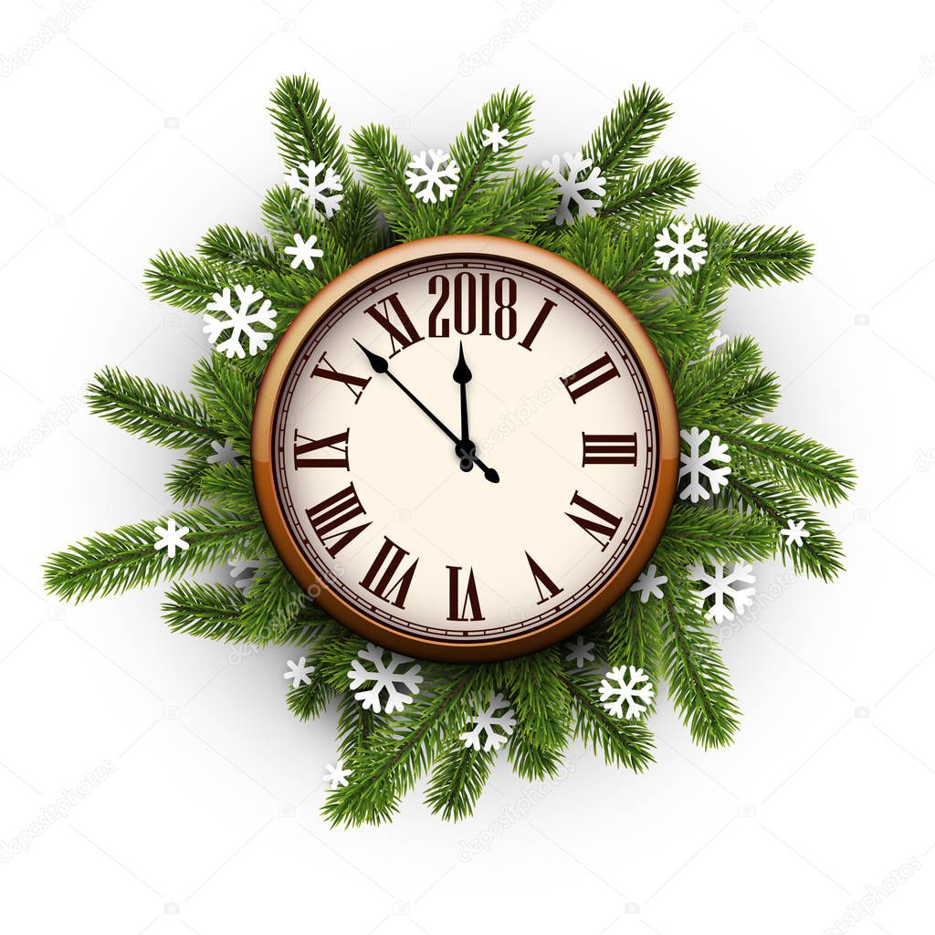 New Year clock and Christmas wreath