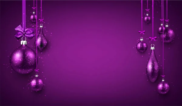 Fondo púrpura con bolas de Navidad — Vector de stock