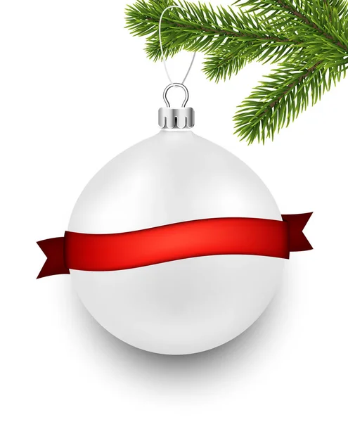 Ramo de abeto e bola de Natal branca — Vetor de Stock