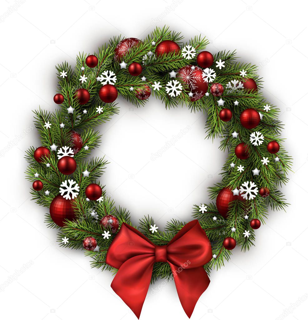 Christmas wreath with red bow. 