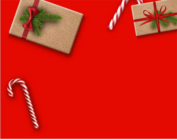 Jul bakgrund med gåvor och polkagrisar — Stock vektor