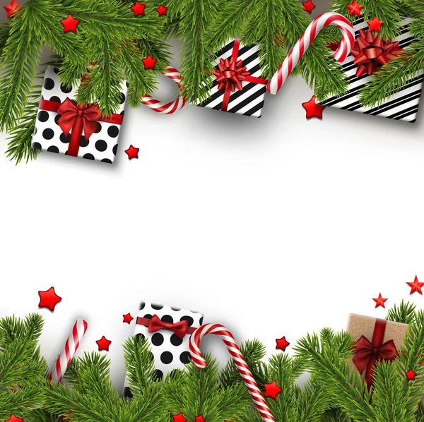 Vánoční pozadí s větvemi jedlí a dary. — Stockový vektor