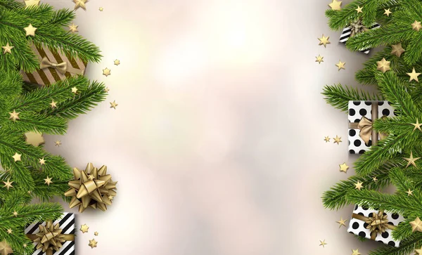 Fond de Noël avec branches de sapin et cadeaux . — Image vectorielle