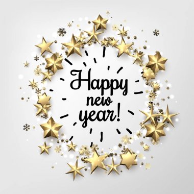 Mutlu yeni yıl kartı yıldız ve kar taneleri. 