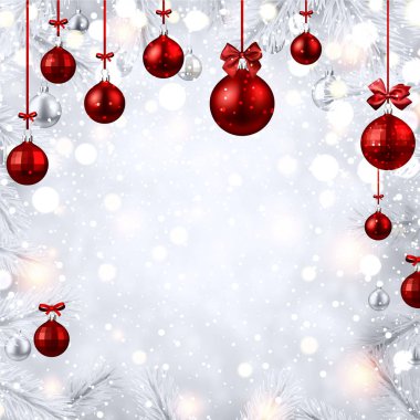 Yeni yıl kartı kırmızı Noel topları ile.
