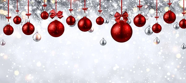 Glanzende banner met rode kerstballen. — Stockvector