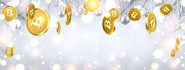 Glanzende winter banner met gouden bitcoins. — Stockvector