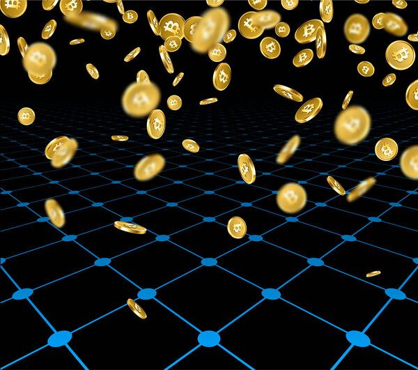 Background with falling gold bitcoins.