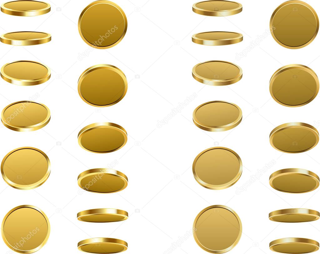 Golden coins spin isolated on white. Vector illustration.