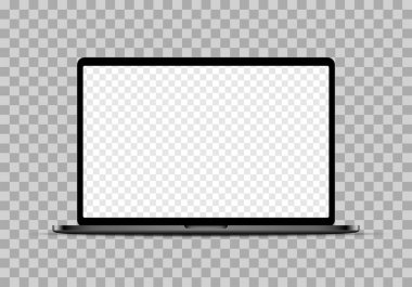 Boş kareli şeffaf ekranlı gerçekçi siyah dizüstü bilgisayar modeli.