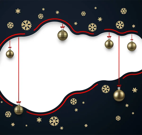 Frohes neues Jahr wellenförmige Grußkarte Vorlage mit goldenen Kugeln und Schneeflocken — Stockvektor