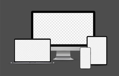 Metalik gerçekçi elektronik aygıtlar kümesi: akıllı telefon, tablet laptop, masaüstü bilgisayar 