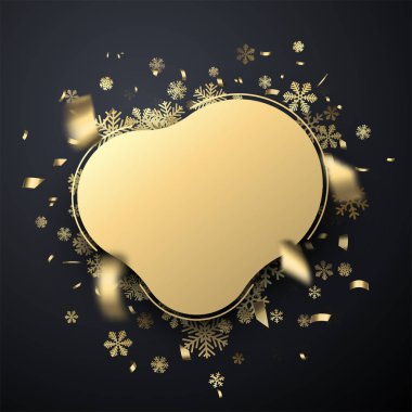 Noel yuvarlak tebrik kartı şablonu altın gibi parlak kar taneleri ve konfetiyle.