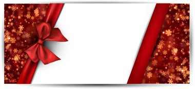 Kırmızı hediye yayı ile Mutlu Yıllar tebrik kartı şablonu.