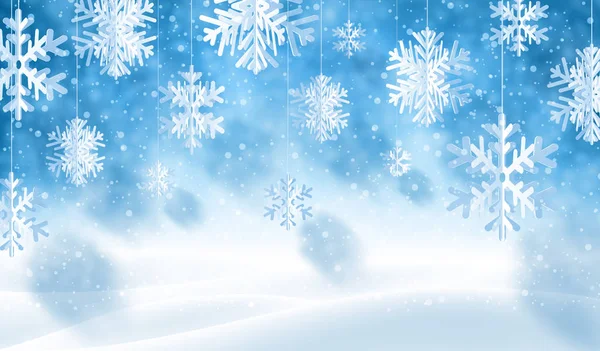 白い紙のきりがみ雪の結晶と冬の青い背景. — ストックベクタ
