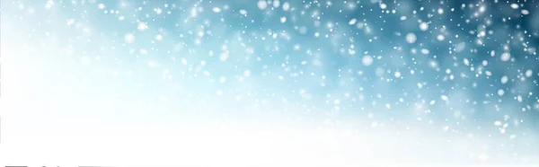 Fondo horizontal azul invierno con copos de nieve blancos desenfocados — Vector de stock