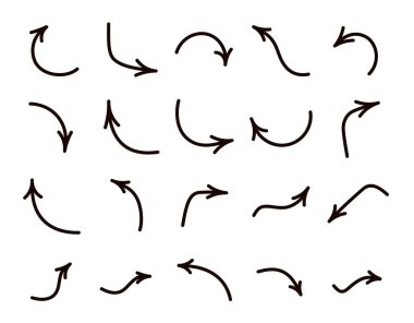 Beyaz arka plan üzerinde izole siyah eğri ok kümesi.