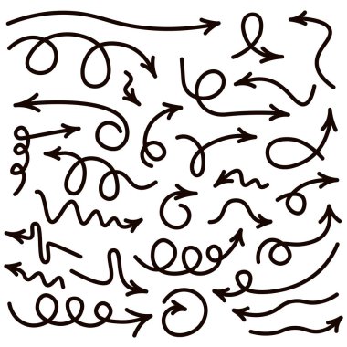 Beyaz arkaplanda izole edilmiş siyah kavisli oklar kümesi. 