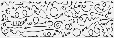 Işık arka planında izole edilmiş siyah kavisli karalama okları kümesi. 