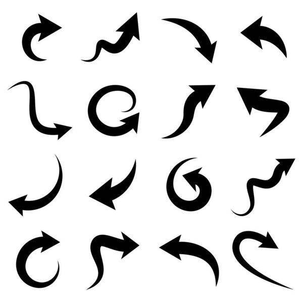 Set of black curved arrows isolated on white background.