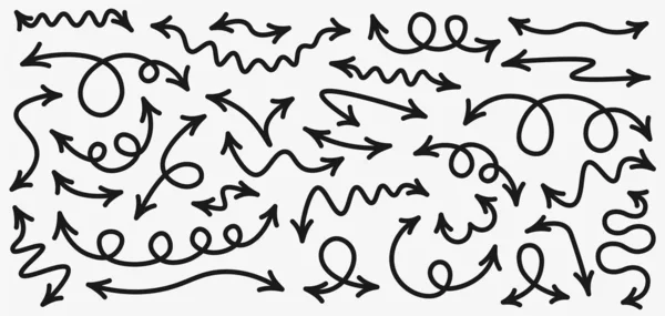 Set de flechas doodle curvas grises aisladas sobre fondo blanco . — Archivo Imágenes Vectoriales