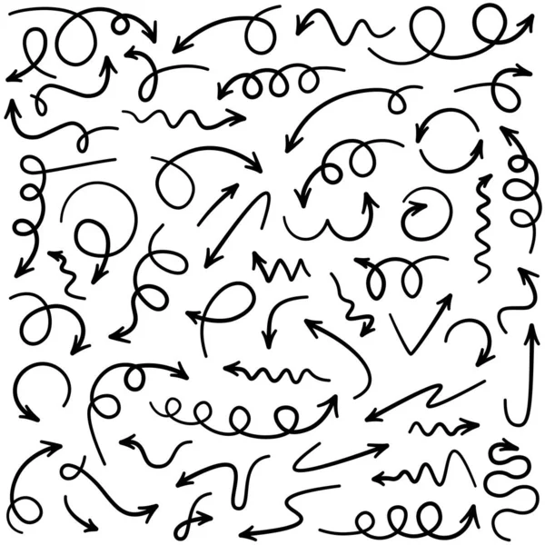 Uppsättning svarta böjda doodle pilar isolerad på vit bakgrund. — Stock vektor