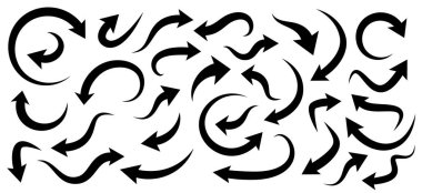 Beyaz arka plan üzerinde izole siyah eğri ok kümesi.