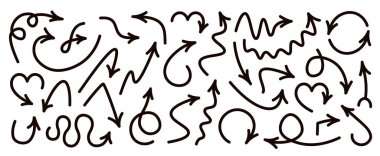 Beyaz arkaplanda izole edilmiş siyah kavisli oklar kümesi. 