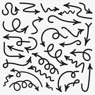 Beyaz arkaplanda izole edilmiş gri çizgili oklar kümesi. 