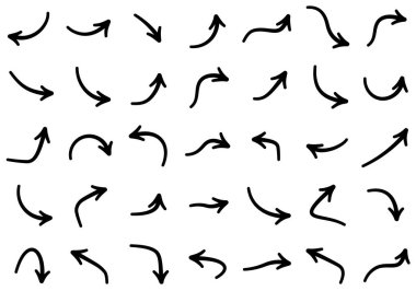 Beyaz arka plan üzerinde izole siyah eğri ok kümesi.