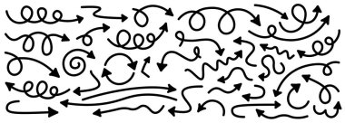 Beyaz arkaplanda izole edilmiş siyah kavisli oklar kümesi. 