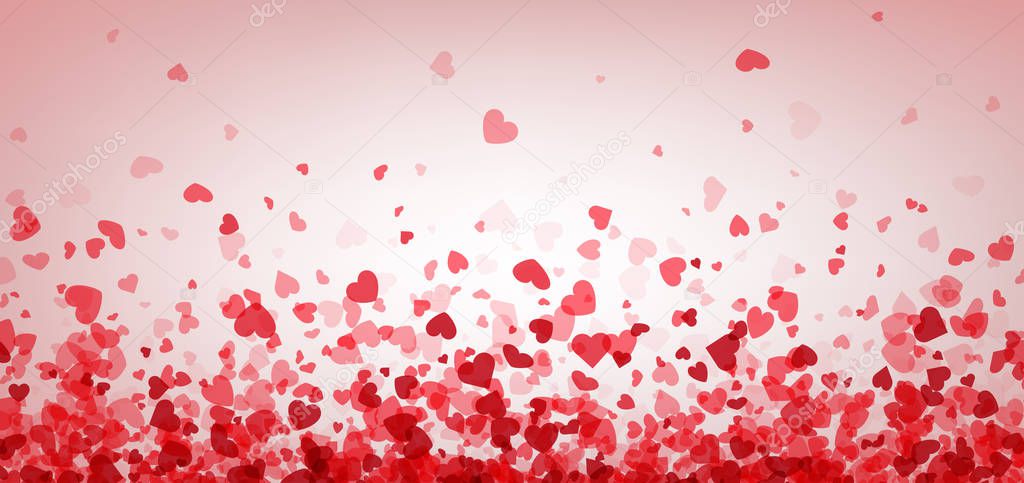 Valentines day card. Heart confetti falling over pink background