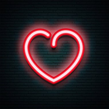 Kırmızı ve beyaz neon kalp, siyah tuğla duvarda parlıyor.. 