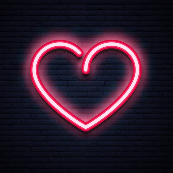 Corazón de neón rosa y blanco que brilla sobre fondo de pared de ladrillo oscuro . — Archivo Imágenes Vectoriales