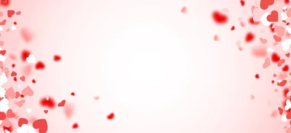 Valentin-Tageskarte. Herz-Konfetti fällt über rosa Hintergrund für Grußkarten, Hochzeitseinladung. — Stockvektor