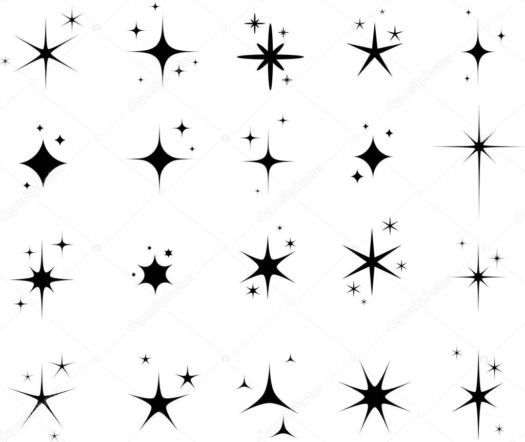 Set of isolated monochrome vector signs. Black sparkling stars, decoration twinkle.