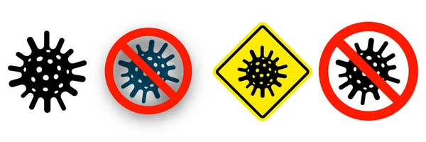 停止ウイルスと警告標識のセット 赤はウイルス画像でサインアウトしました 黄色の注意サイン フレームなしのウイルス画像 — ストックベクタ