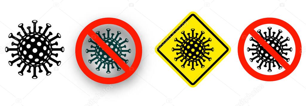Set of vector stop virus warning signs: red crossed out sign, yellow warning sign, without any frame.