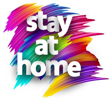 Beyaz kağıt renkli fırça darbelerinin arka planında ev tabelasında durur. Pankartlar, posterler, web sitesi için vektör tasarım ögesi. Üç satır metin.