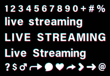 Küçük harflerle ve büyük harflerle canlı yayın. Siyah arka planda mavi, kırmızı, pembe kenarlı beyaz kelimeler. Sayılar ve özel işaretler. Sosyal medya için vektör simgeleri.